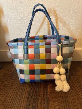 Handed By Paris Recycled Plastic Tote Bag Multi Color with Cream Pom Pom
